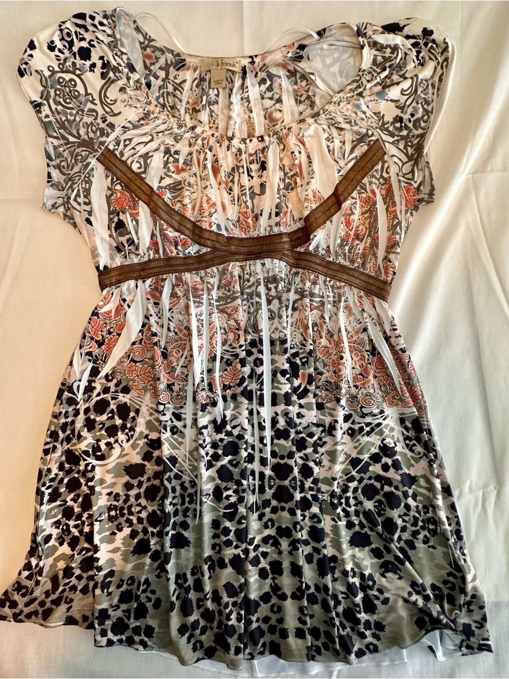 FRIENDS Mixed-Print S/S Tunic M boho 70s, sequins baby doll, casual romantic